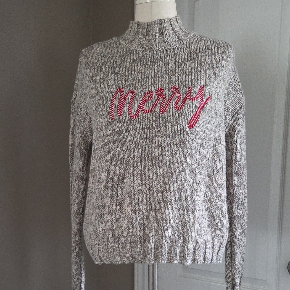 LOFT Gray Turtleneck Sweater with Red 'Merry' Design